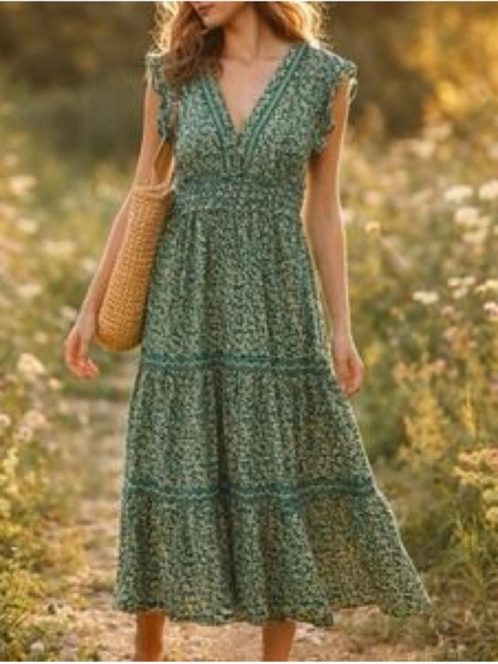 Green Floral V-Neck Tiered Maxi Dress